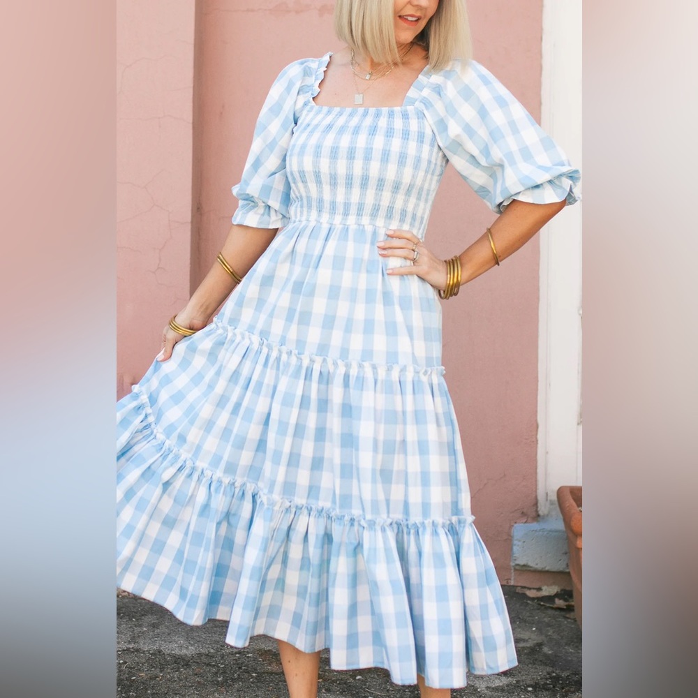 Smocked Square-Neck Blue Gingham Midi Dress